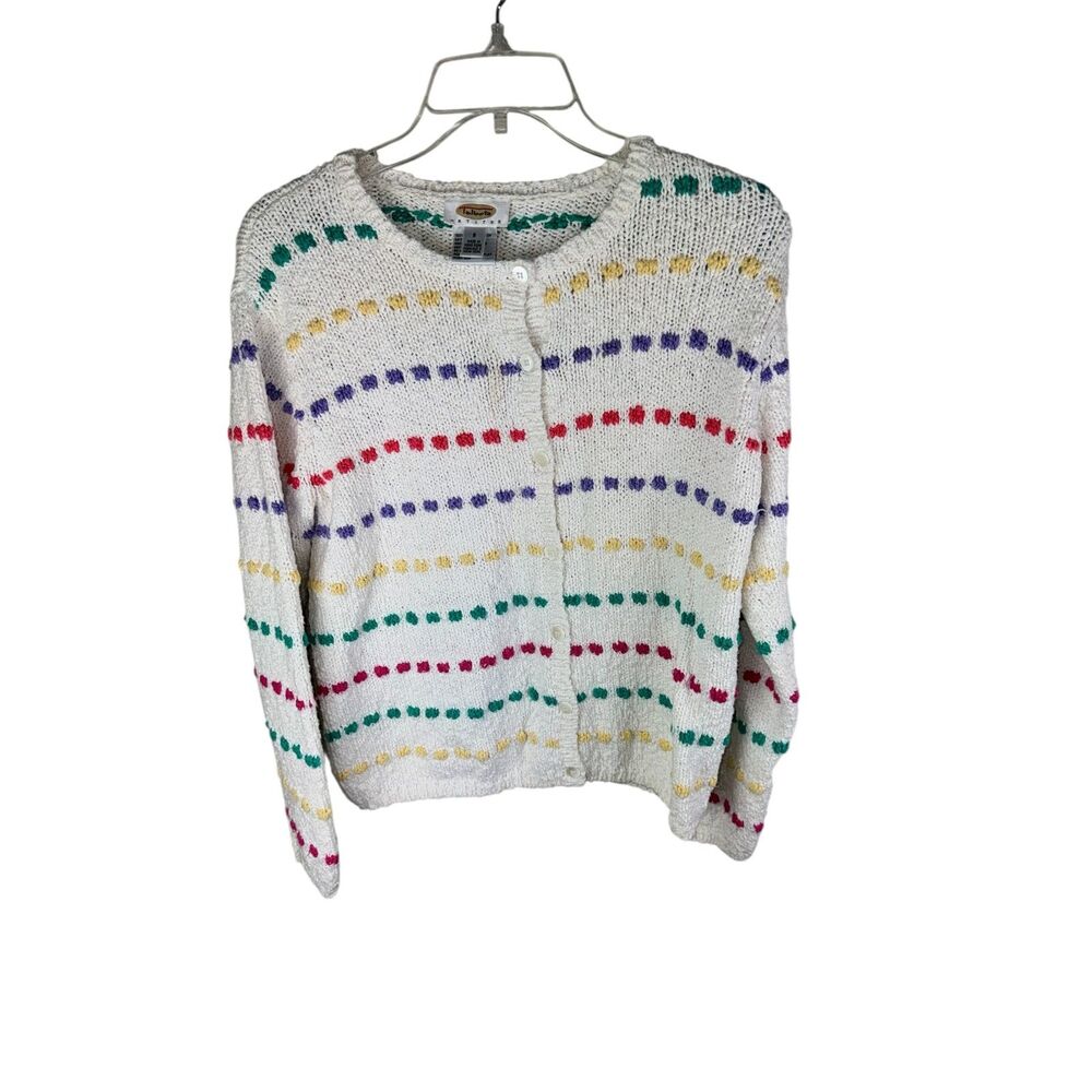 Talbots Petites Vintage Horizontal Strip Cotton Knit Cardigan Small White